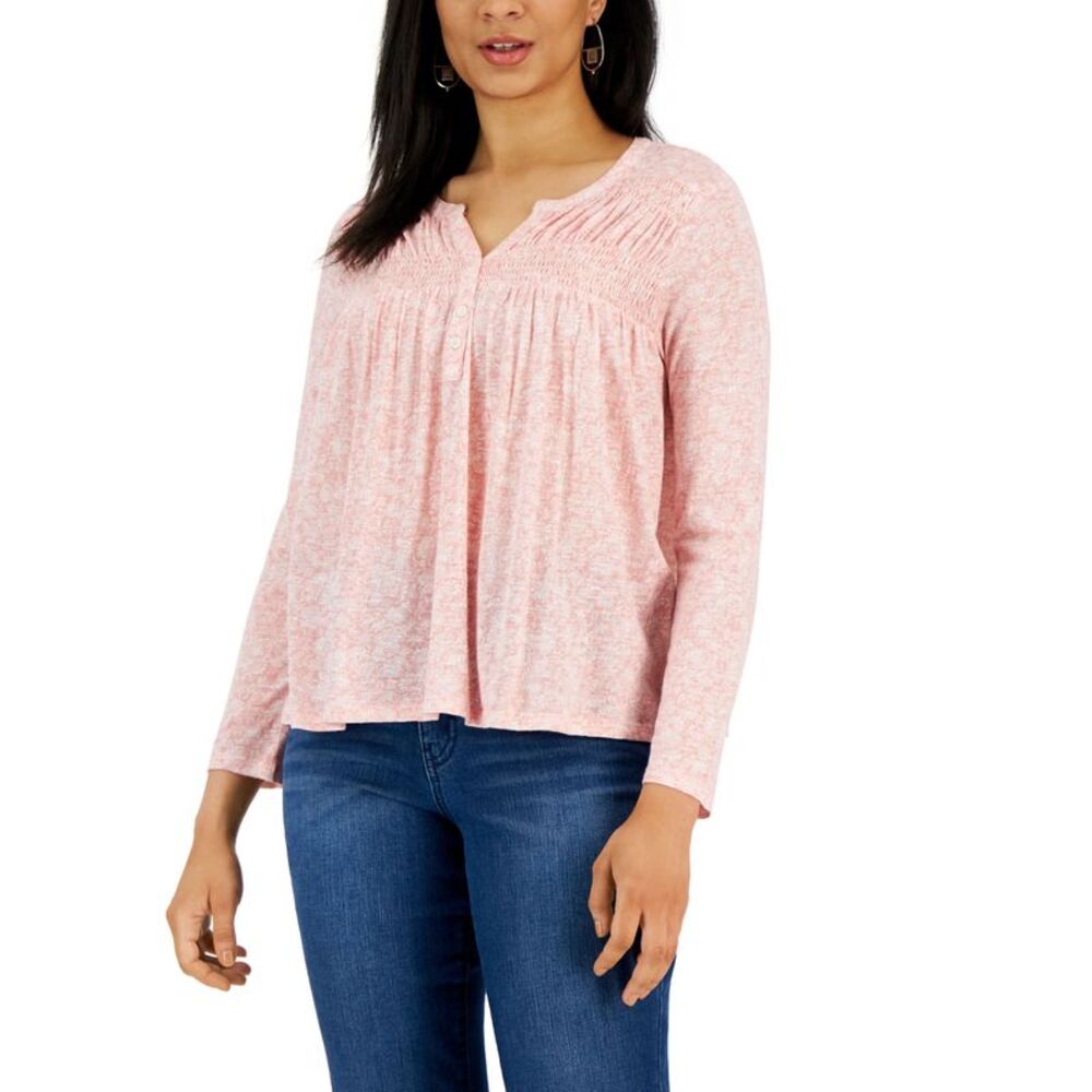 Style & Co Petite Knit Smocked Long Sleeve Top